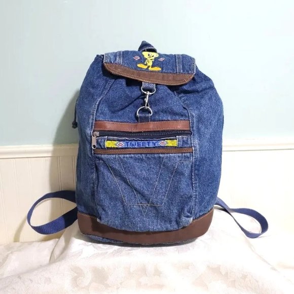 VINTAGE Y2K Jaclyn Looney Tunes Tweety Bird Beaded Denim Jean Big Backpack Bag - Picture 1 of 13